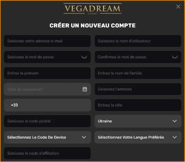 Inscription sur VegaDream Casino